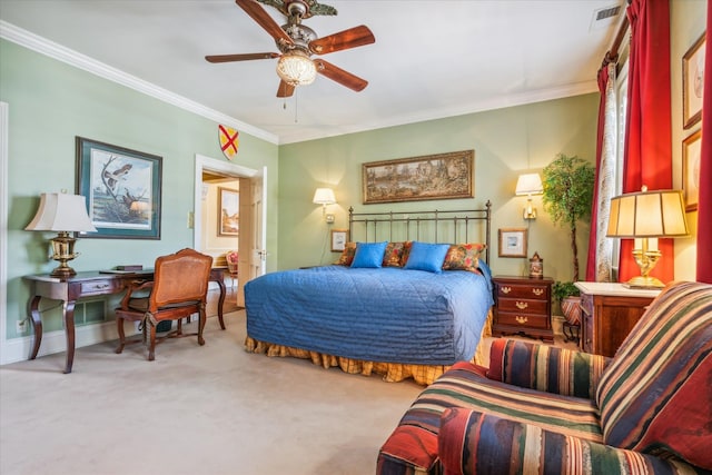 bedroom featuring ceiling fan, crown molding, and light carpet