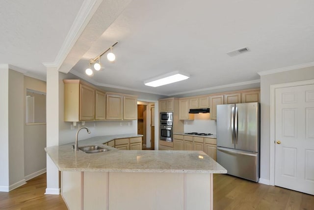 kitchen with light brown cabinetry, sink, and stainless steel appliances