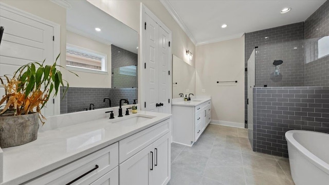 bathroom with double sink vanity, shower with separate bathtub, tile walls, ornamental molding, and tile floors