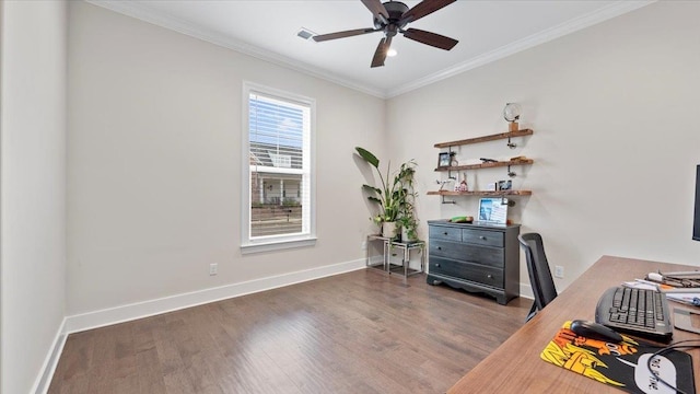 office area with ceiling fan, crown molding, and dark wood-type flooring