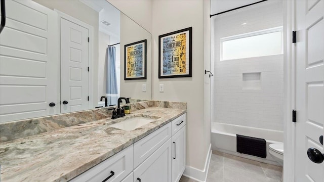 full bathroom featuring shower / tub combo, toilet, tile floors, and vanity