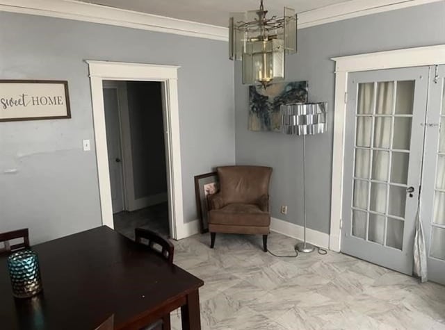 living area with a notable chandelier, ornamental molding, and light tile floors