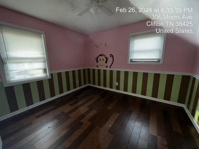 spare room with plenty of natural light, ceiling fan, and dark wood-type flooring