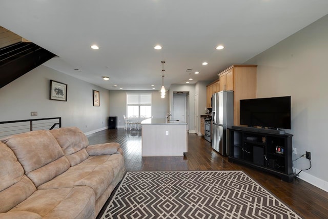 living room featuring dark wood-type flooring and sink