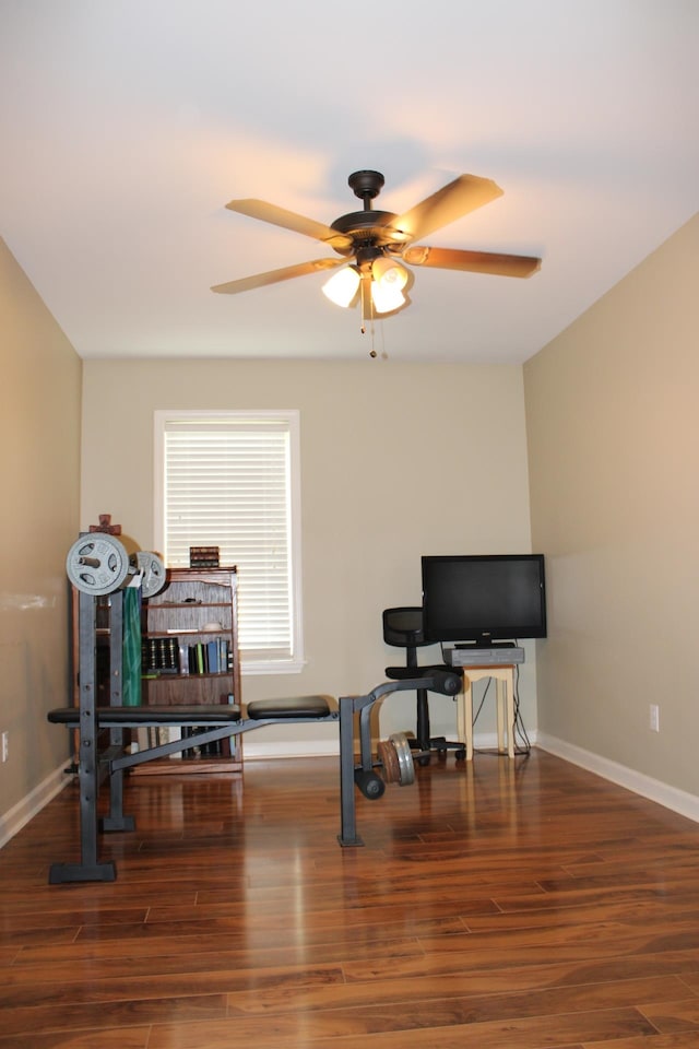 office with ceiling fan and dark hardwood / wood-style flooring