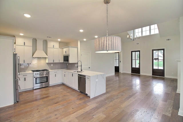 kitchen featuring light hardwood / wood-style floors, custom exhaust hood, appliances with stainless steel finishes, decorative backsplash, and sink