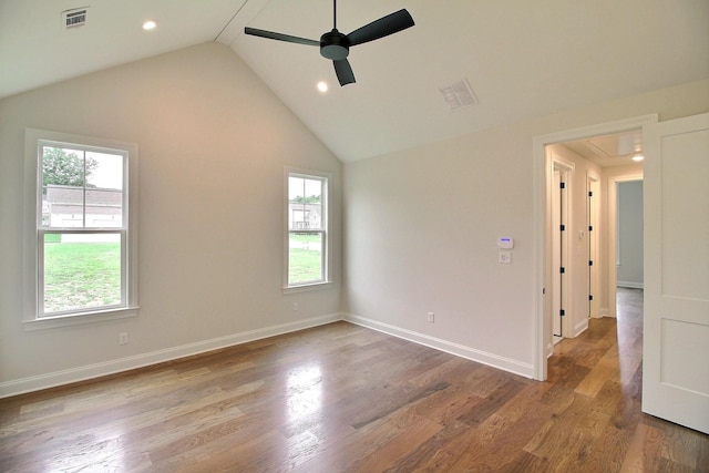 unfurnished room with high vaulted ceiling, ceiling fan, and hardwood / wood-style floors