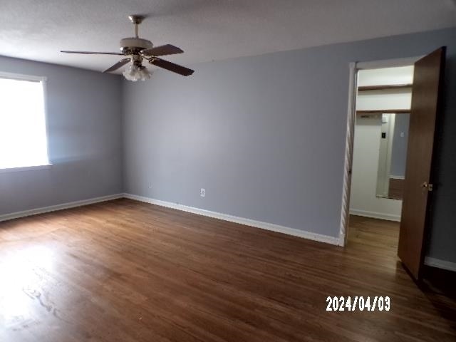 spare room with dark hardwood / wood-style flooring and ceiling fan