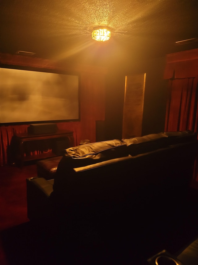 home theater room with a textured ceiling