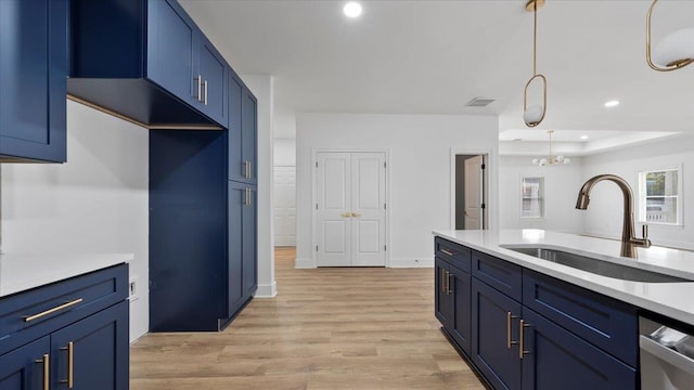 1072 Bruce St, Memphis, TN 38104 - kitchen featuring a raised ceiling, decorative light fixtures, sink, blue cabinets, and light wood-type flooring