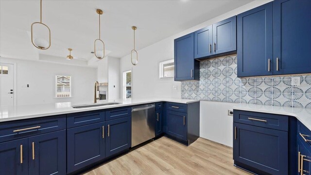 1072 Bruce St, Memphis, TN 38104 - kitchen featuring dishwasher, sink, pendant lighting, light hardwood / wood-style flooring, and tasteful backsplash