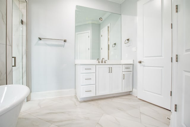 bathroom with ornamental molding, vanity, tile patterned flooring, and shower with separate bathtub