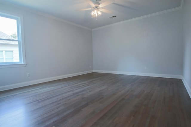 unfurnished room with crown molding, ceiling fan, and wood-type flooring