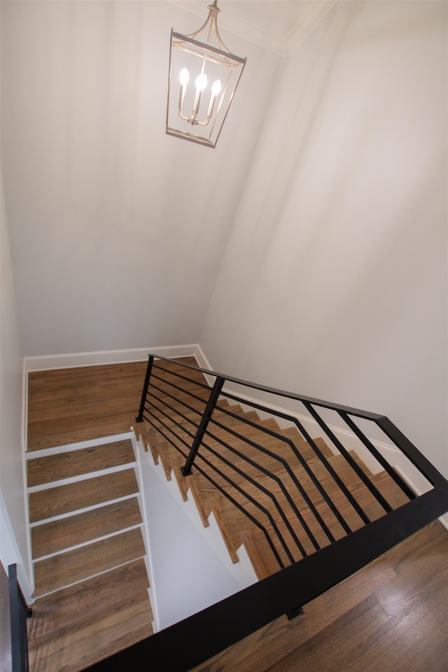 stairway with a chandelier, crown molding, and hardwood / wood-style floors