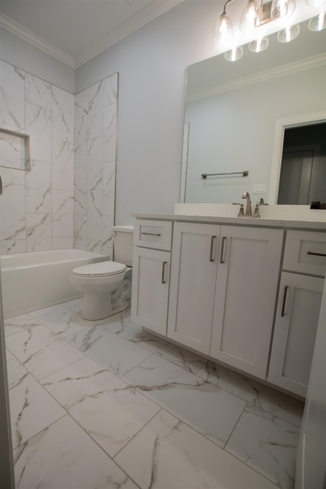 full bathroom featuring tile patterned flooring, tiled shower / bath, crown molding, toilet, and vanity