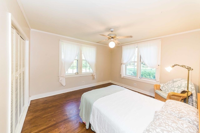 bedroom featuring a closet, dark hardwood / wood-style floors, ceiling fan, and multiple windows