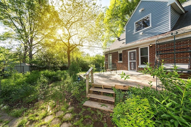 view of yard featuring a deck and a storage shed