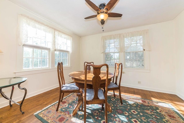 dining area featuring ceiling fan and dark hardwood / wood-style flooring