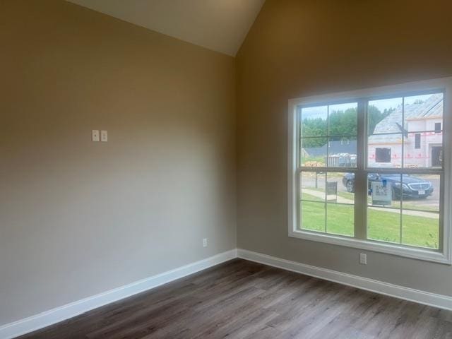 spare room featuring wood-type flooring and vaulted ceiling