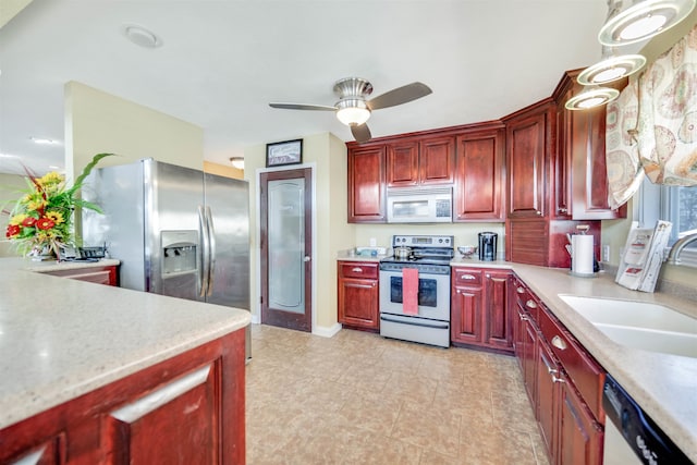 kitchen featuring sink, light tile floors, stainless steel fridge with ice dispenser, electric stove, and ceiling fan