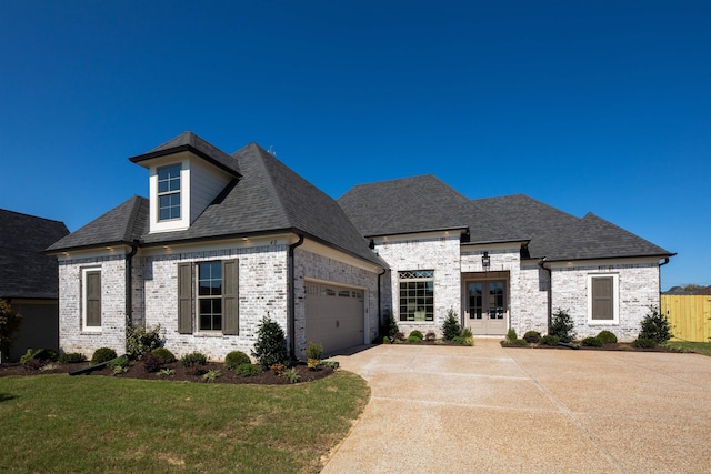 french country inspired facade with a front yard and a garage