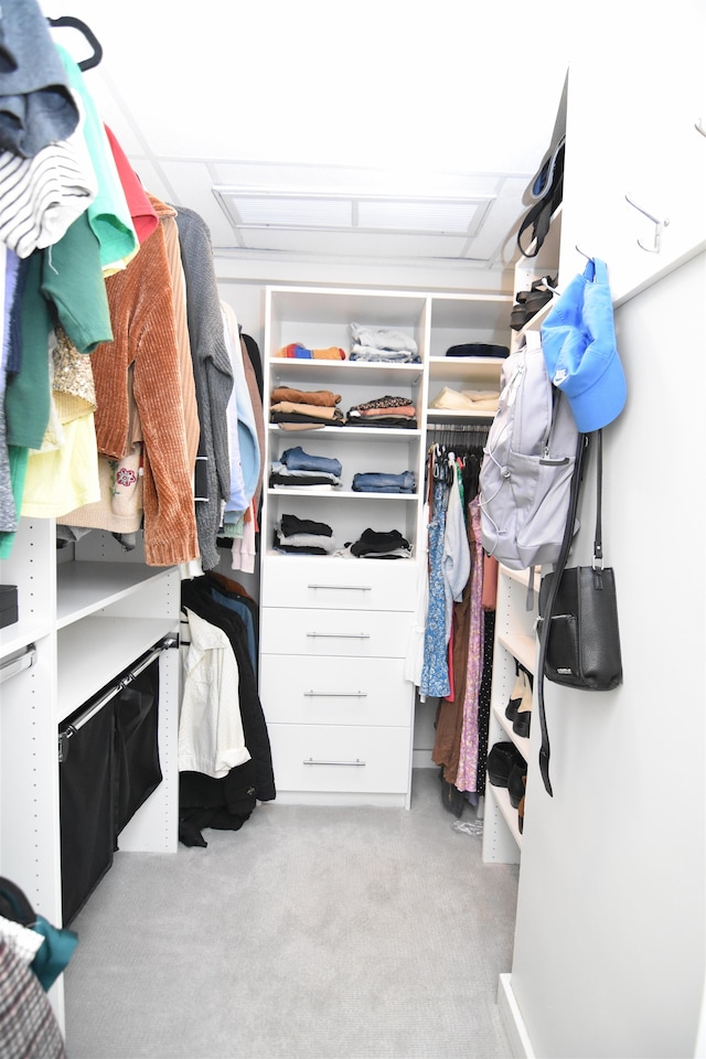 walk in closet with light carpet