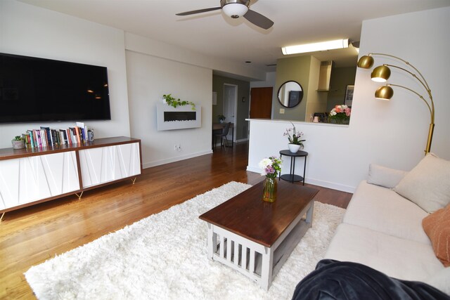 living room featuring ceiling fan and hardwood / wood-style flooring