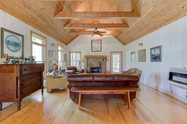 living room with wooden ceiling, a fireplace, light hardwood / wood-style flooring, and ceiling fan