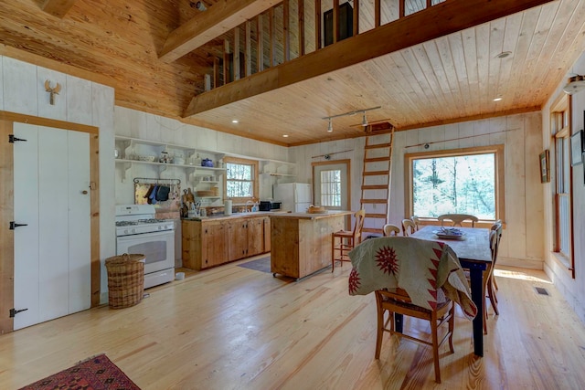 dining space featuring wooden ceiling, a healthy amount of sunlight, light wood-type flooring, and track lighting