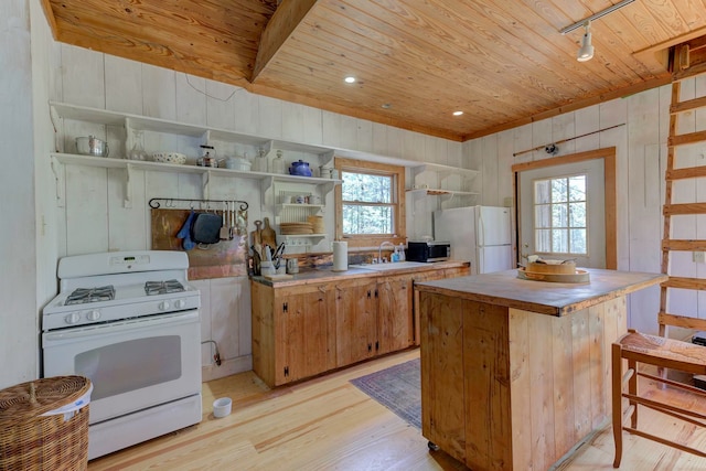 kitchen with wood ceiling, white appliances, light hardwood / wood-style floors, and a healthy amount of sunlight