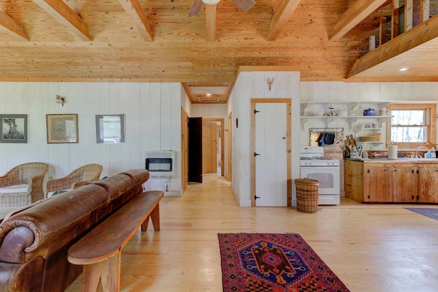 living room featuring wood ceiling, ceiling fan, light wood-type flooring, and beamed ceiling