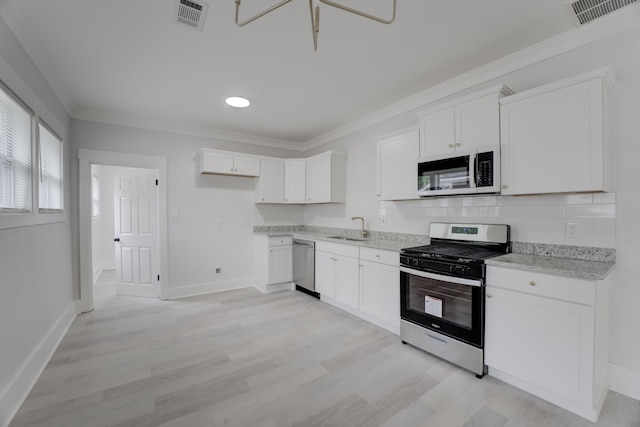 kitchen featuring light wood-type flooring, white cabinetry, appliances with stainless steel finishes, sink, and tasteful backsplash