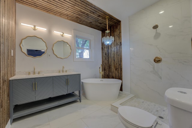 bathroom with tile floors, vanity, a tile shower, wood ceiling, and toilet