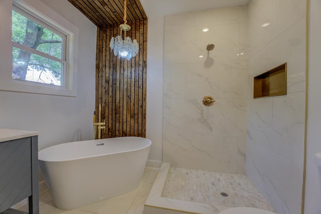 bathroom with vanity, tile floors, and separate shower and tub