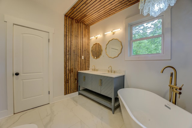 bathroom featuring wood ceiling, double vanity, tile floors, and a bath