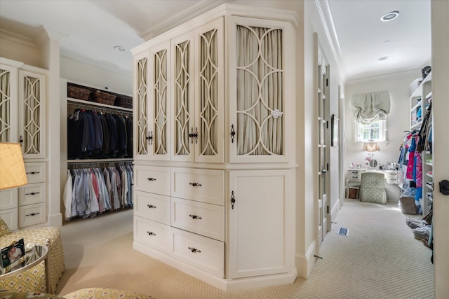 spacious closet featuring light colored carpet