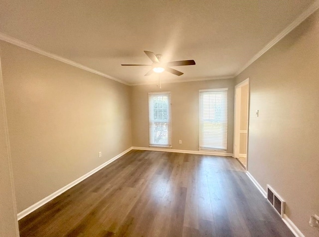 unfurnished room featuring ceiling fan, ornamental molding, a textured ceiling, and dark hardwood / wood-style flooring