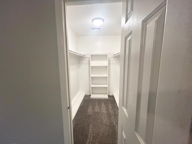 spacious closet with dark colored carpet