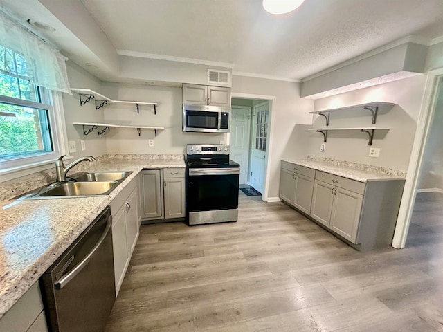 kitchen featuring ornamental molding, sink, gray cabinetry, light hardwood / wood-style flooring, and stainless steel appliances