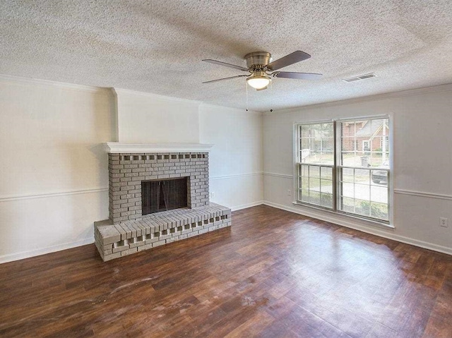 unfurnished living room featuring visible vents, crown molding, a ceiling fan, and wood finished floors