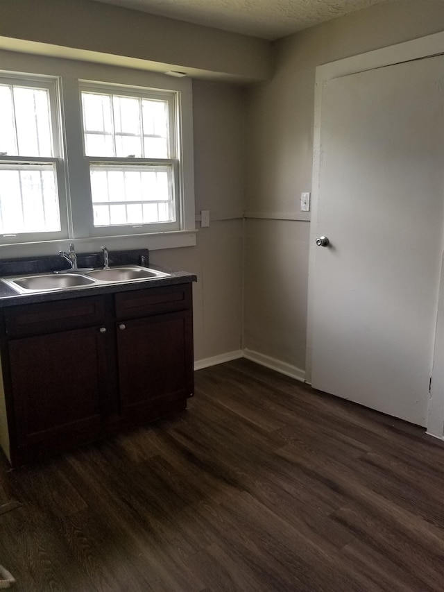 kitchen with dark hardwood / wood-style flooring, dark brown cabinets, and sink