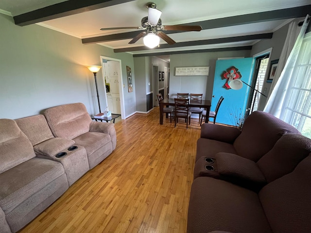 living room featuring light hardwood / wood-style flooring, beam ceiling, and ceiling fan