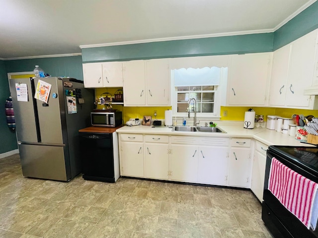 kitchen featuring black appliances, white cabinets, crown molding, and sink