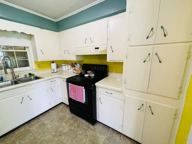 kitchen with custom range hood, crown molding, sink, white cabinetry, and black electric range oven