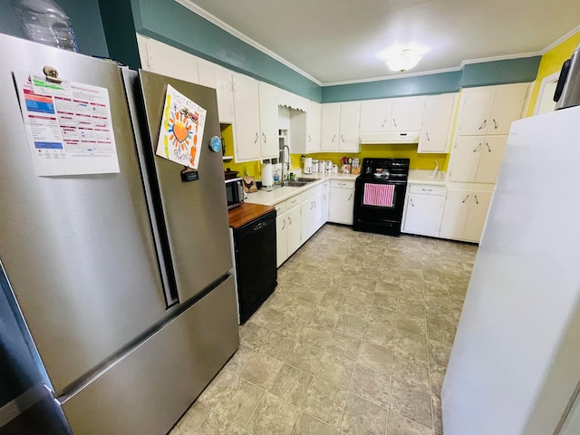 kitchen with crown molding, black appliances, sink, and white cabinets