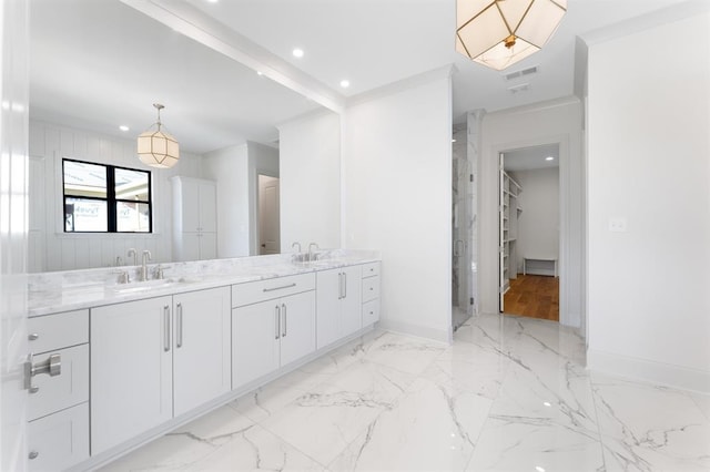 bathroom featuring tile flooring, beamed ceiling, and dual bowl vanity