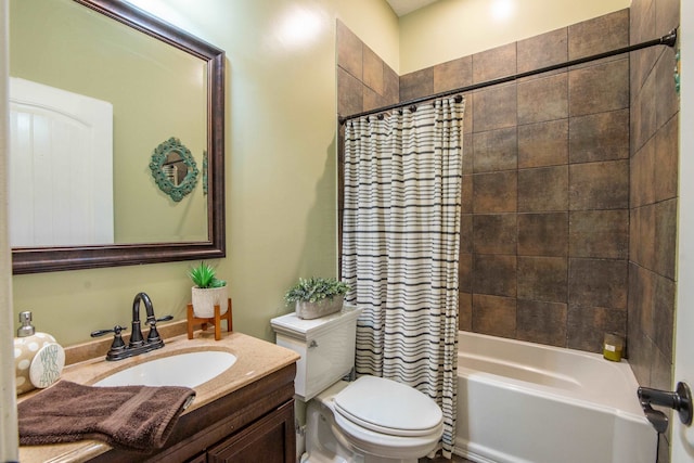 full bathroom featuring vanity, shower / bath combination with curtain, and toilet