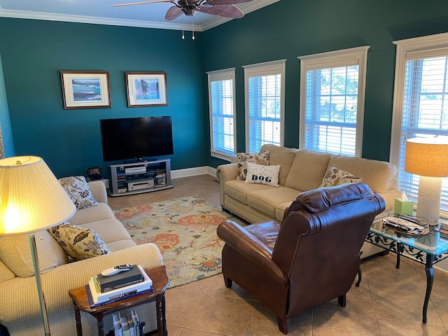 tiled living room featuring ornamental molding and ceiling fan