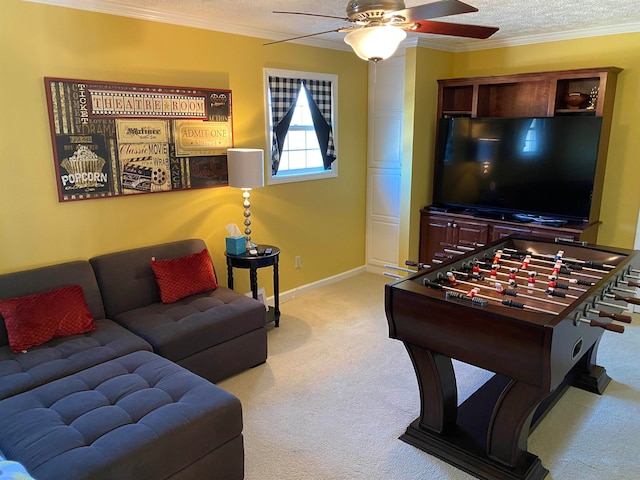 living room featuring crown molding, carpet, ceiling fan, and a textured ceiling