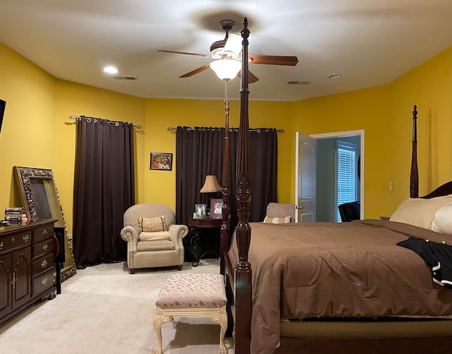 bedroom with ceiling fan and carpet flooring